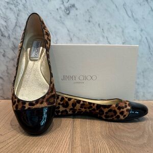 Jimmy Choo Calf Hair Leopard-Print Ballet Flats with Black Patent Cap Toe